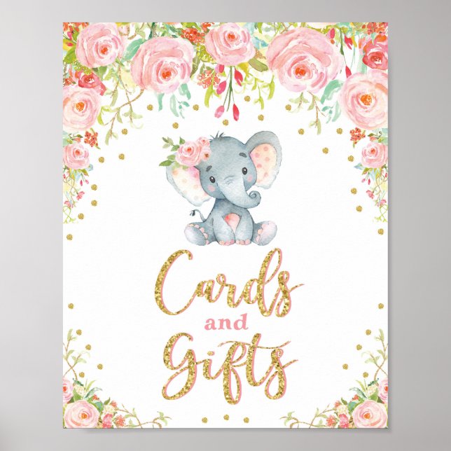 Cards and Gifts Sign Floral Elephant Baby Shower (Front)