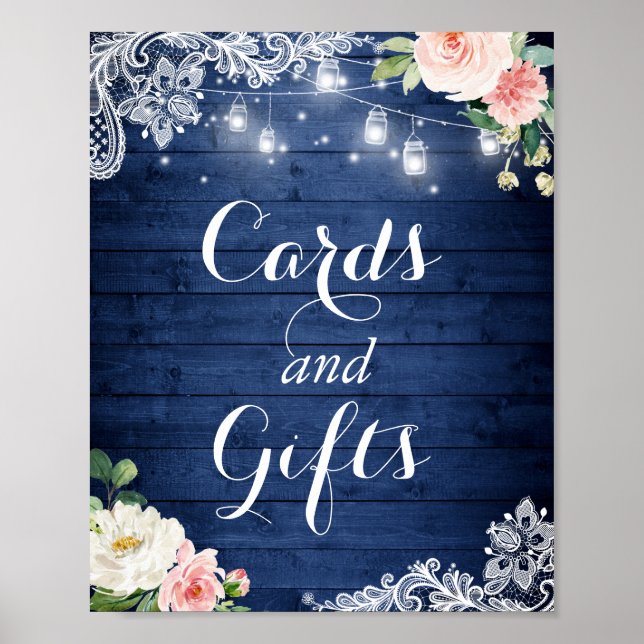 Cards and Gifts Sign | Rustic Blue Lights Floral (Front)