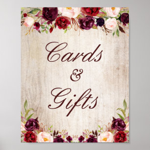Cards and Gifts Sign Rustic Wood Burgundy Floral