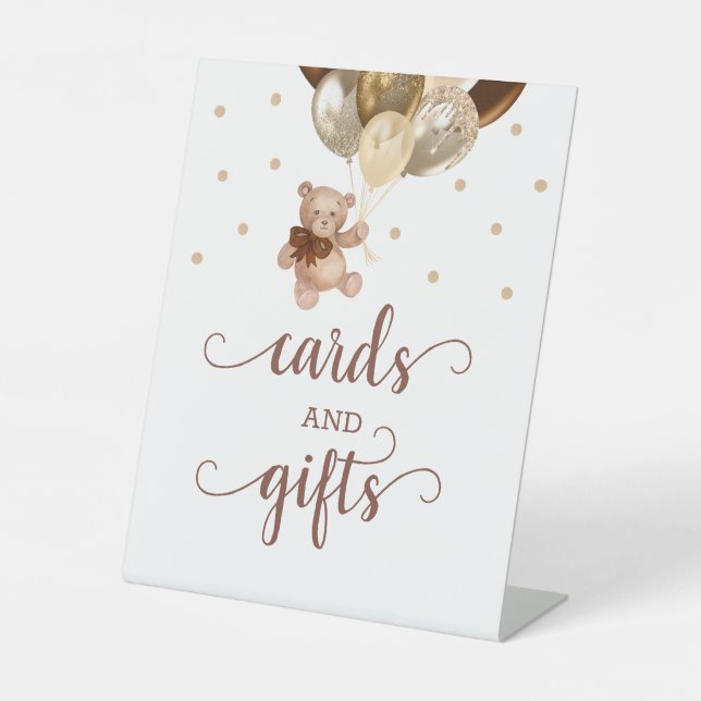 Cards and Gifts Teddy Bear Brown Gold Balloons  Pedestal Sign (Front)
