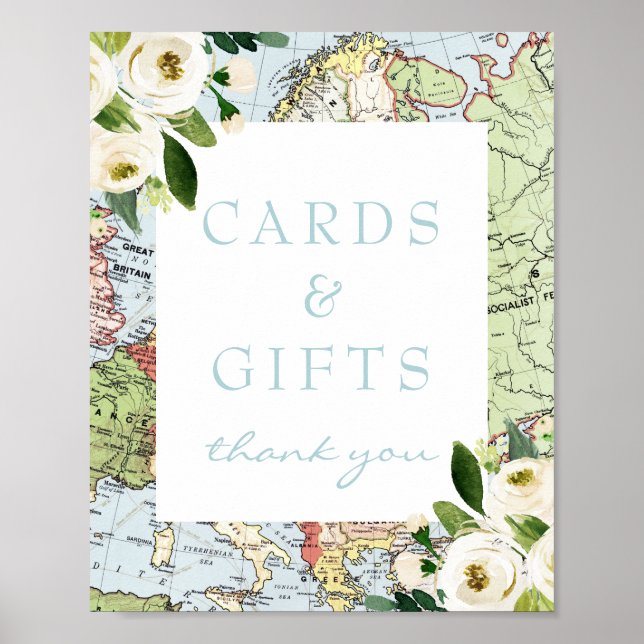 Cards and Gifts Travel Theme Floral Map Sign (Front)