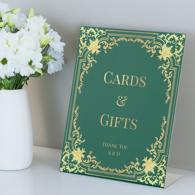 Cards Gifts Emerald Green Faux Gold Wedding Ornate Pedestal Sign (Creator Uploaded)