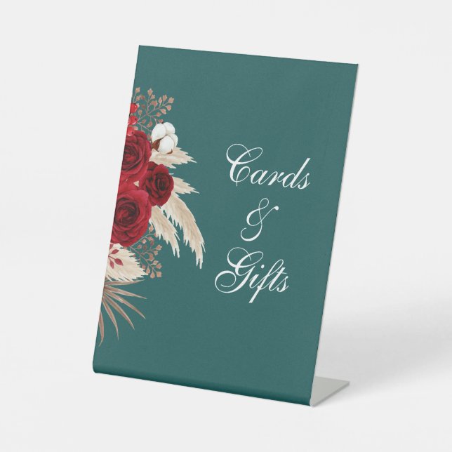 Cards & Gifts Teal Burgundy Rose Pedestal Sign (Front)