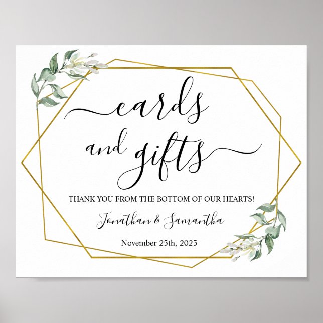 Cards & Gifts wedding reception greenery gold sign (Front)