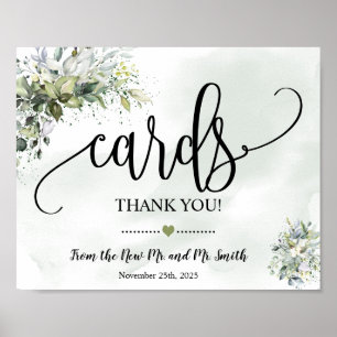Cards sign shower wedding reception eucalyptus