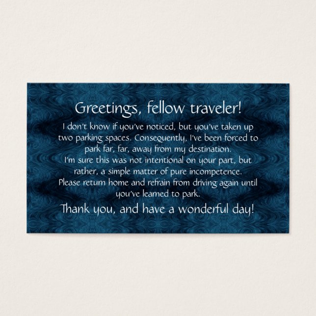 Cards to leave on others' windshields. (Front)