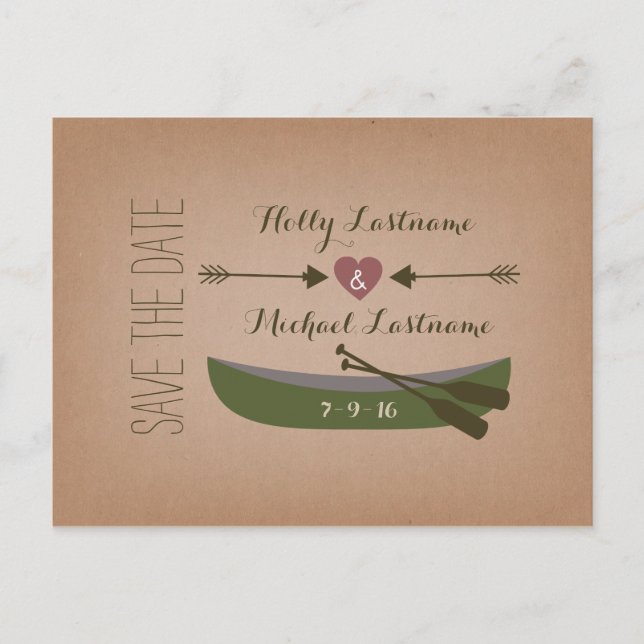 Cardstock Inspired Canoe + Arrows Save The Date Announcement Postcard (Front)