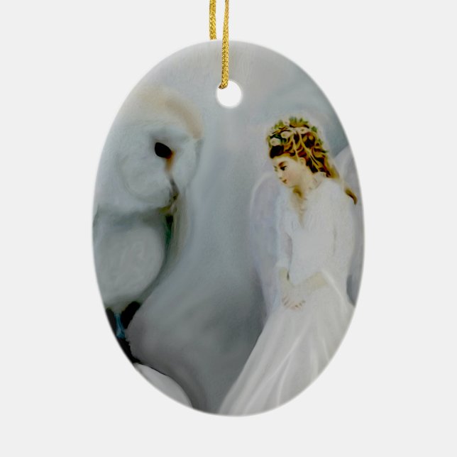 Care Guardian Angel and White Owl by Amelia Carrie Ceramic Ornament (Back)