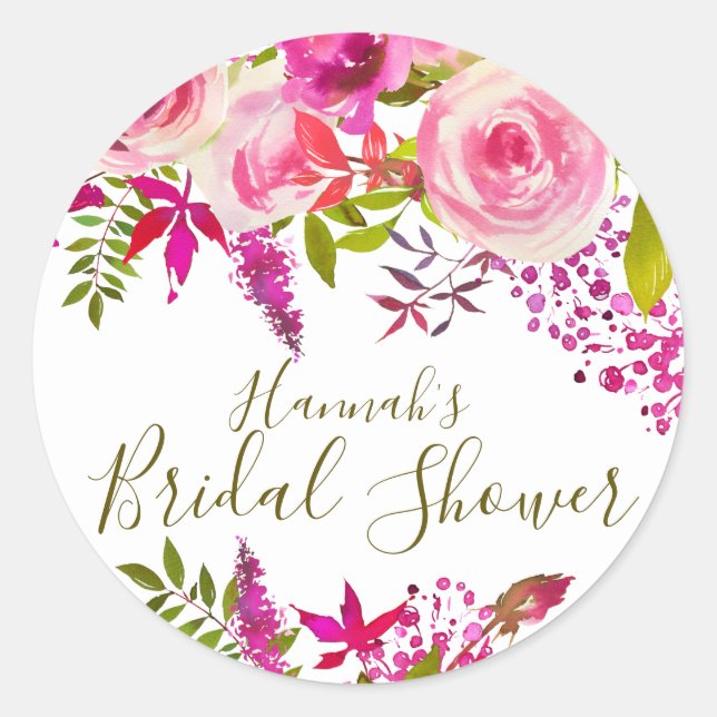 Carefree Boho Chic Pink Floral Bridal Shower Classic Round Sticker (Front)