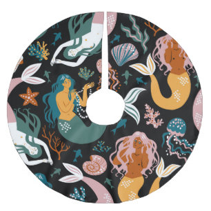 Carefree Mermaids Seashells Vintage Design Brushed Polyester Tree Skirt