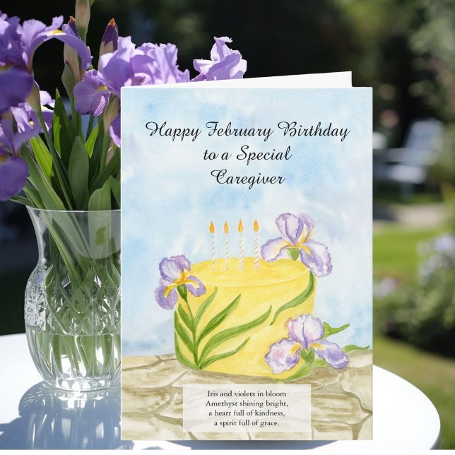 Caregiver Happy February Irises Birthday Cake Card (Creator Uploaded)