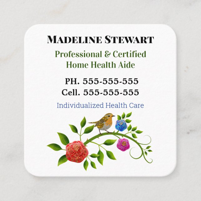 Caregiver Little Bird Helper Square Professional Business Card (Front)