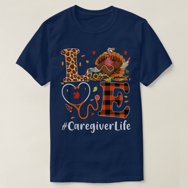 Caregiver Love Thanksgiving Leopard Stethoscope Fu T-Shirt (Design Front)