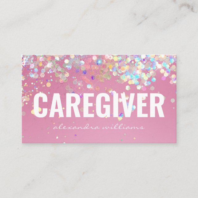 Caregiver Medical Modern Rose Gold Glitter Pink Business Card (Front)