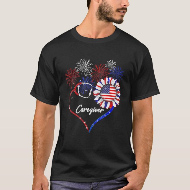 Caregiver Stethoscope Firework Sunflower America F T-Shirt (Front)