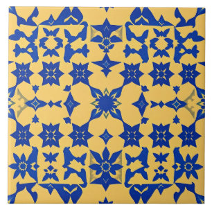Caribbean Blue Gold Tile Motif Pattern Azulejo