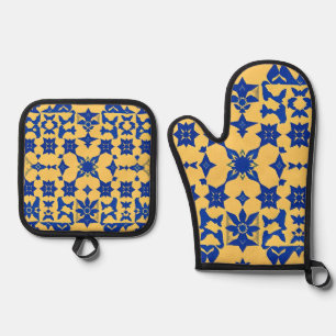 Caribbean Blue Gold Tile Motif Pattern Azulejo Oven Mitt & Pot Holder Set