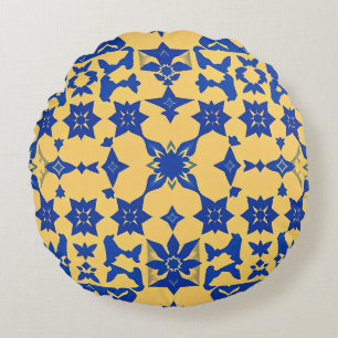Caribbean Blue Gold Tile Motif Pattern Azulejo Round Pillow