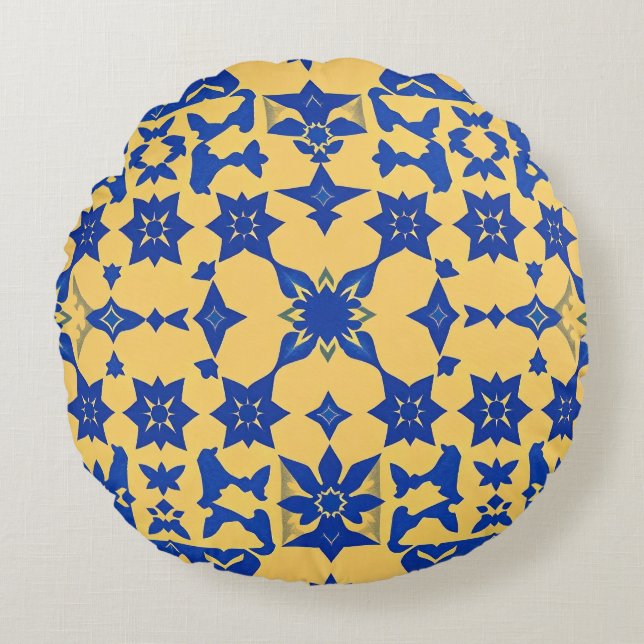 Caribbean Blue Gold Tile Motif Pattern Azulejo  Round Pillow (Front)