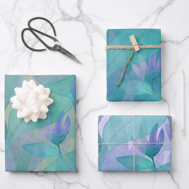 Caribbean Blue Green Watercolor Wonder Flowers Wrapping Paper Sheet (Front)