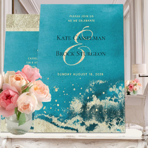 Caribbean Blue Sea Gold Coast Modern Wedding Invitation