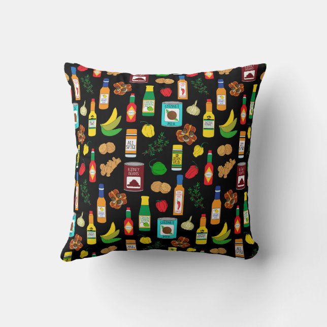 Caribbean Chillies and Spices Food Patterned Throw Pillow (Back)