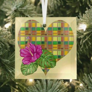 Caribbean Colorful Fabric Madras Tartan Glass Ornament