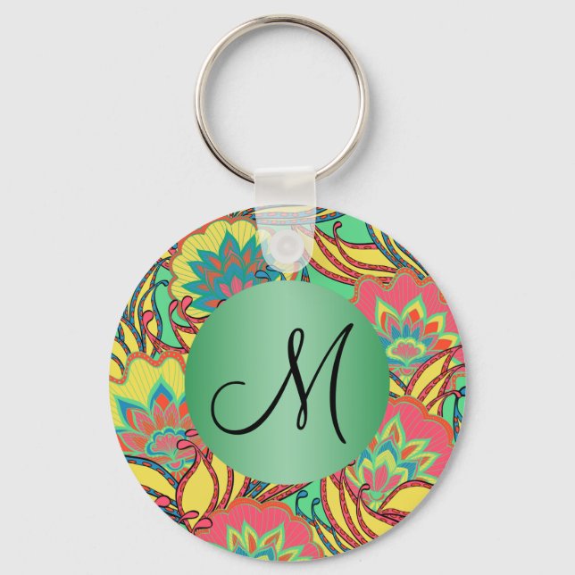 Caribbean Colours Boho Floral Monogrammed Keychain (Front)