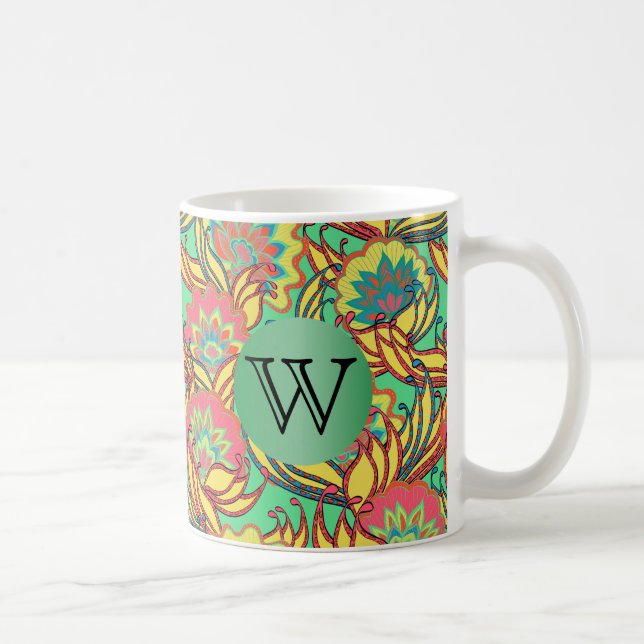 Caribbean Colours Boho Floral With Monogram Coffee Mug (Right)