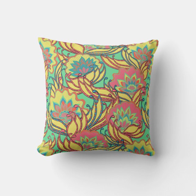 Caribbean Colours Bright Boho Floral Outdoor Pillow (Front)