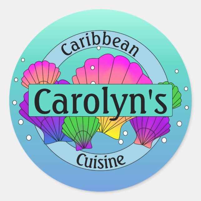 Caribbean Cuisine Sea Shells and Bubbles Classic Round Sticker (Front)