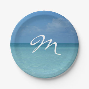 Caribbean Horizon Tropical Turquoise Blue Monogram Paper Plate