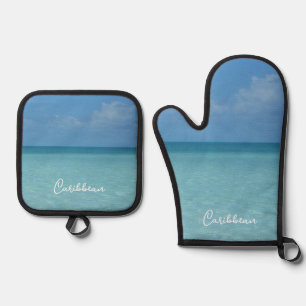 Caribbean Horizon Tropical Turquoise Blue Oven Mitt & Pot Holder Set