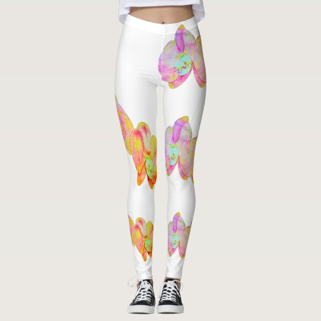 Caribbean orchids, tropical watercolor flowers leggings (Front)