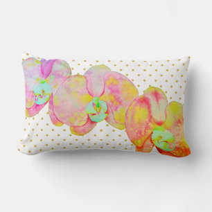 Caribbean orchids, tropical watercolor flowers lumbar pillow