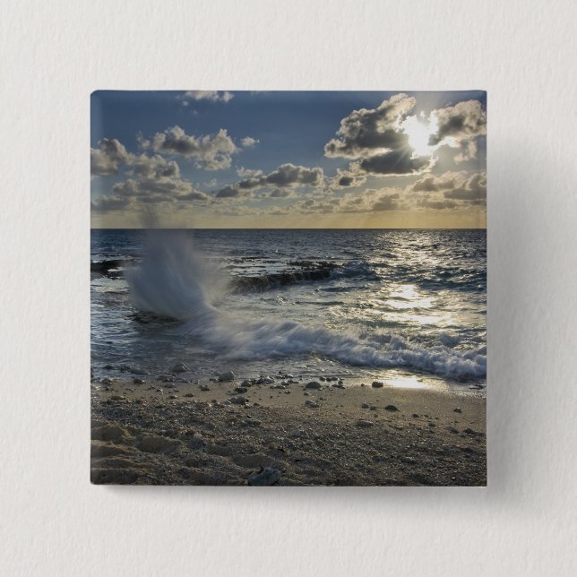 Caribbean Sea, Cayman Islands.  Crashing waves 2 Inch Square Button (Front)