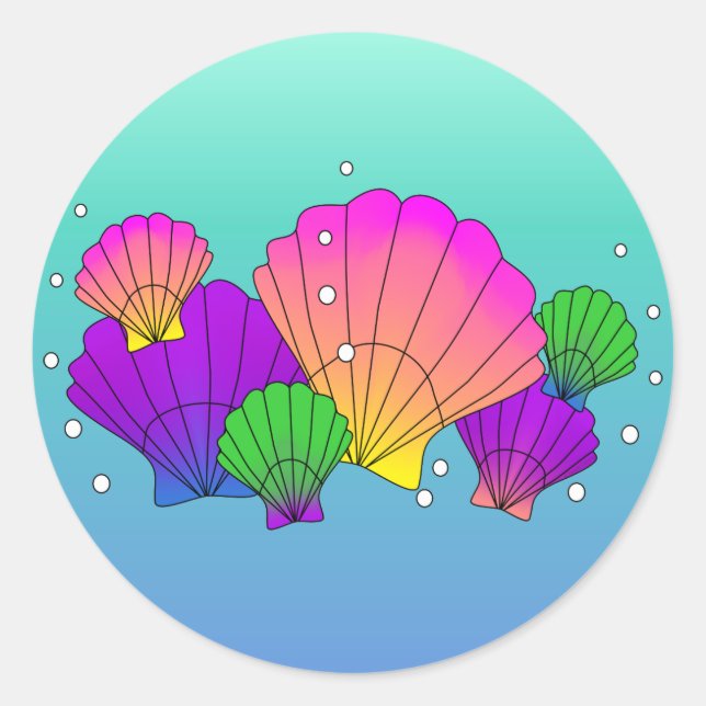 Caribbean Sea Shells and Bubbles Classic Round Sticker (Front)
