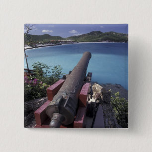 CARIBBEAN, St. Barts, Connon aiming into Bay of 2 Inch Square Button