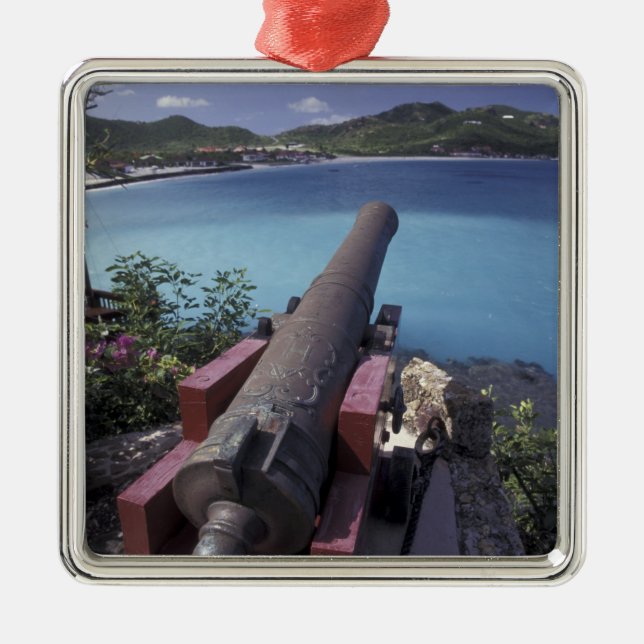 CARIBBEAN, St. Barts, Connon aiming into Bay of Metal Ornament (Front)