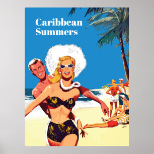 Caribbean Summer, Funny Vintage Travel Poster