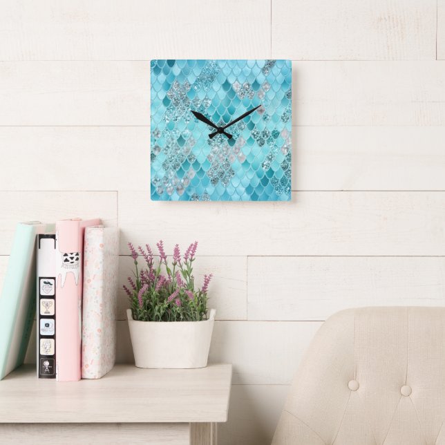 Caribbean Summer Mermaid Scales 1 Square Wall Clock (Reading Room)