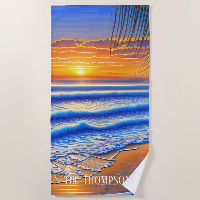 Caribbean Sunset with Personalized Name Beach Towel (Front)