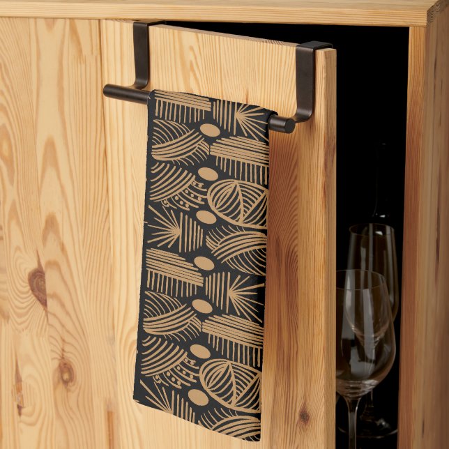 Caribbean Tribal Mudcloth: Black, Gold Kitchen Towel (Thirds Fold)