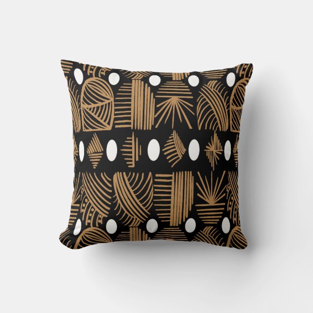 Caribbean Tribal Mudcloth: Black, White, Gold Throw Pillow (Front)