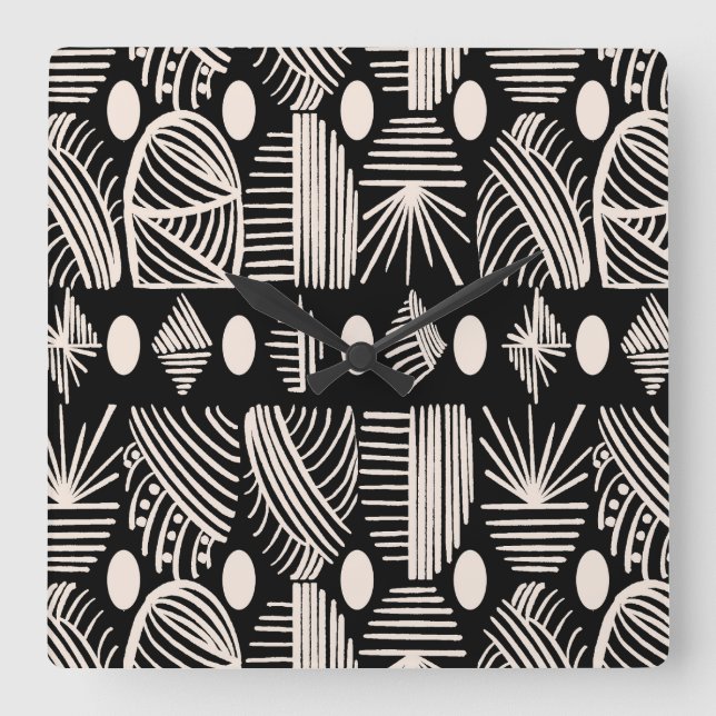Caribbean Tribal Mudcloth: Black, White, Square Wall Clock (Front)