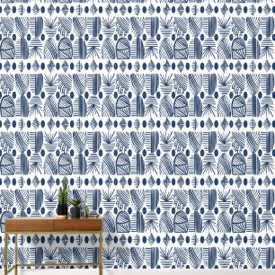 Caribbean Tribal Mudcloth: Blue and White Wallpaper
