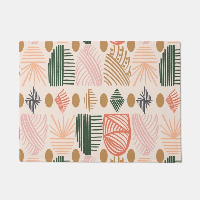 Caribbean Tribal Mudcloth: Boho Dark Green, Pink Doormat (Front)