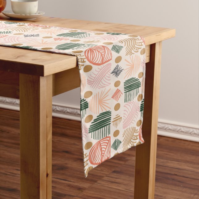Caribbean Tribal Mudcloth: Boho Dark Green, Pink Short Table Runner (In Situ)