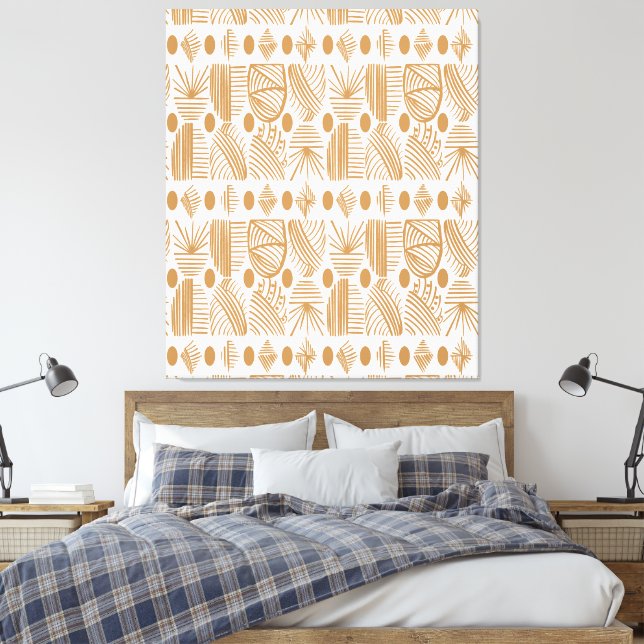 Caribbean Tribal Mudcloth: White, Gold Canvas Print (Insitu(Bedroom))
