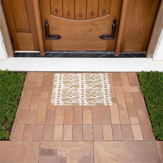 Caribbean Tribal Mudcloth: White, Gold Doormat (Outdoor)
